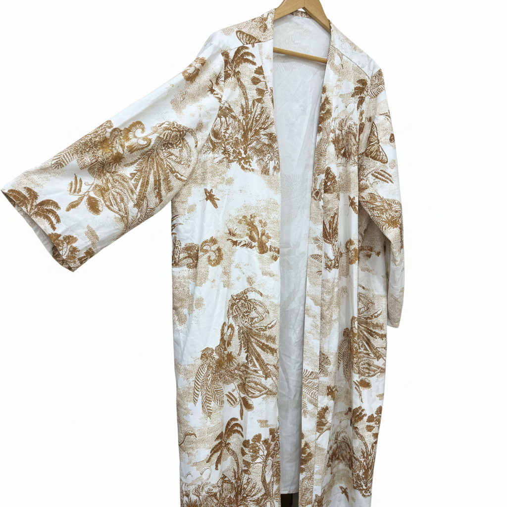 SHEIN CURVE Women's White & Brown Tropical Print Long Kimono