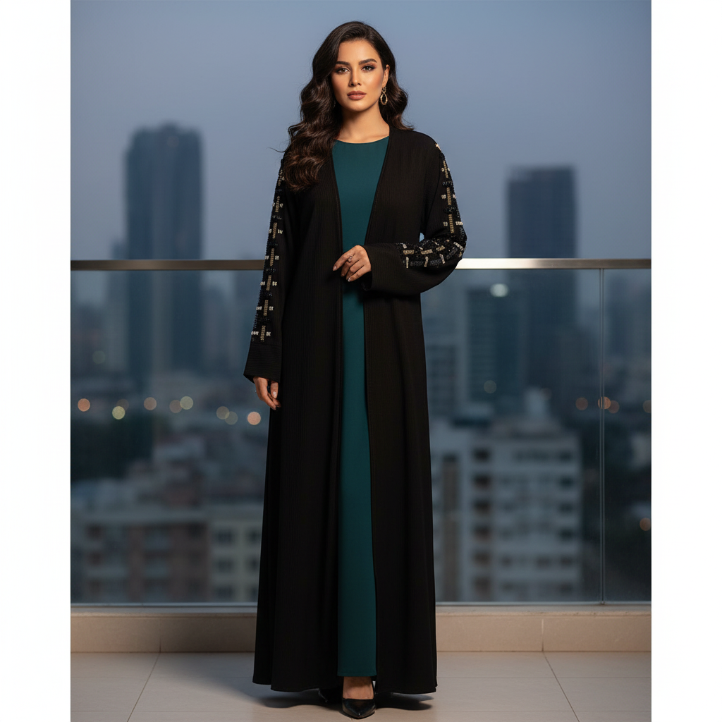 Women's Black Beaded Crepe Long Open Abaya Cardigan