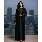 Women's Black Beaded Crepe Long Open Abaya Cardigan