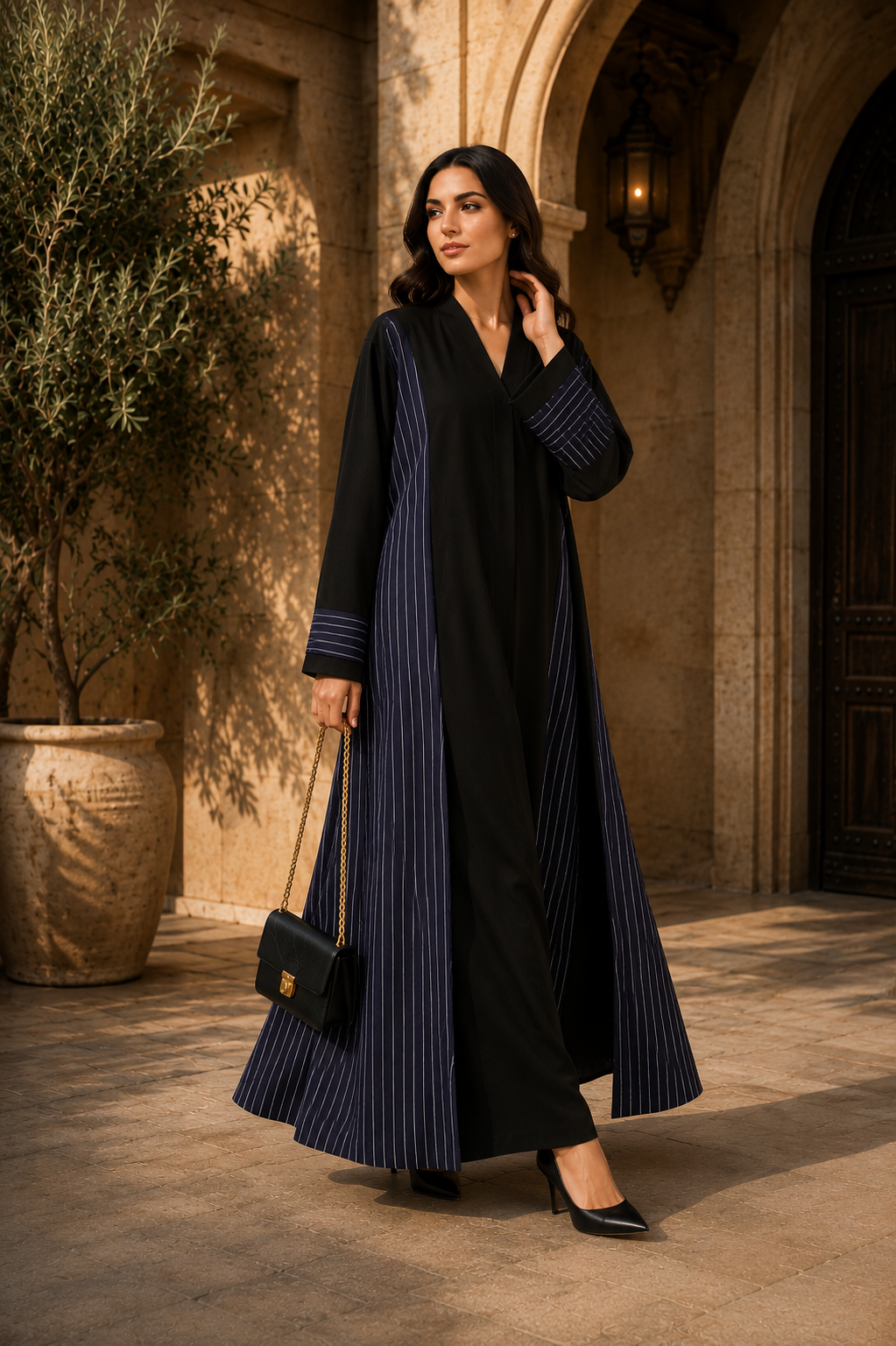 Size 54 Black & Navy Pinstripe Colour-Block Open Abaya