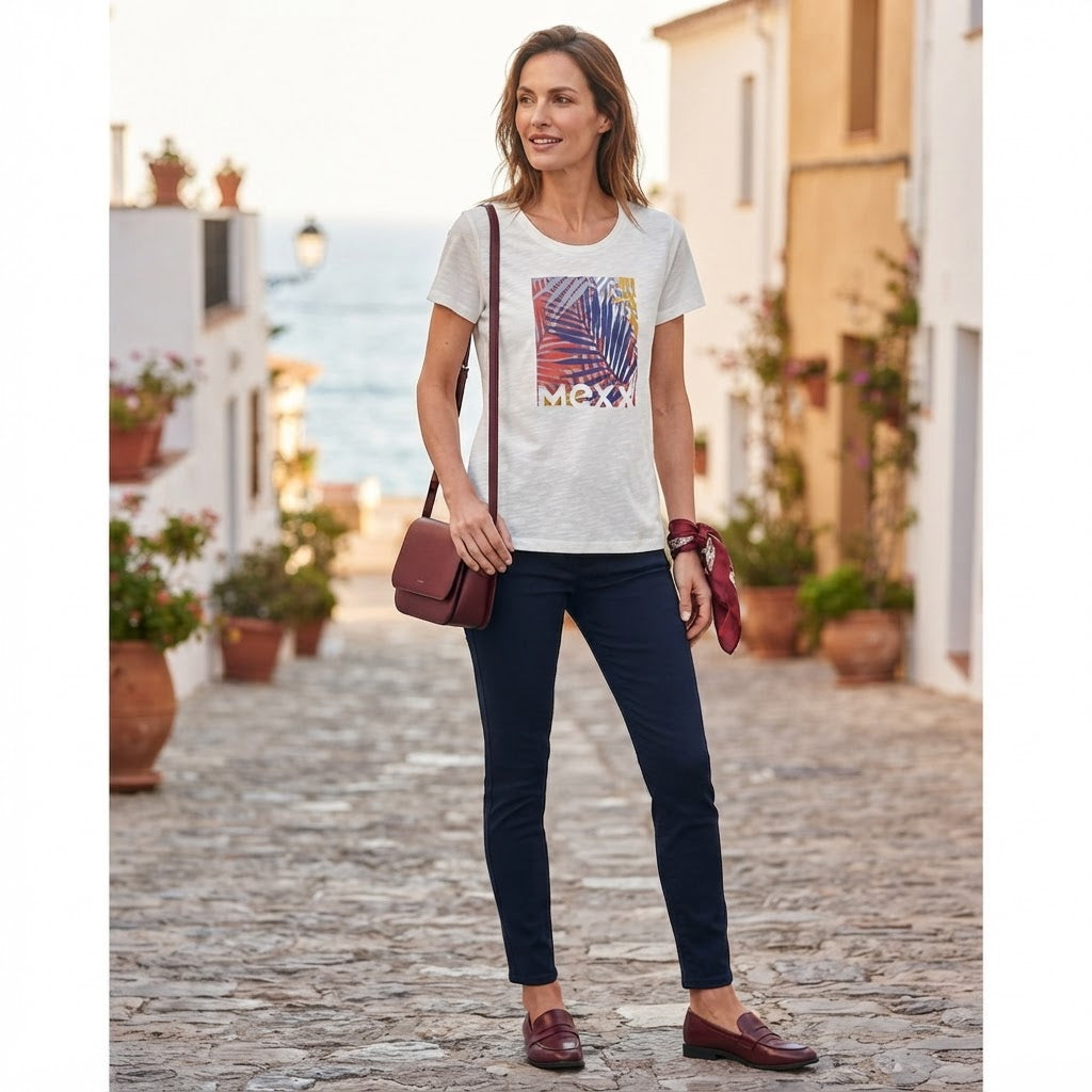 MEXX Women's White Tropical Palm Graphic T-Shirt