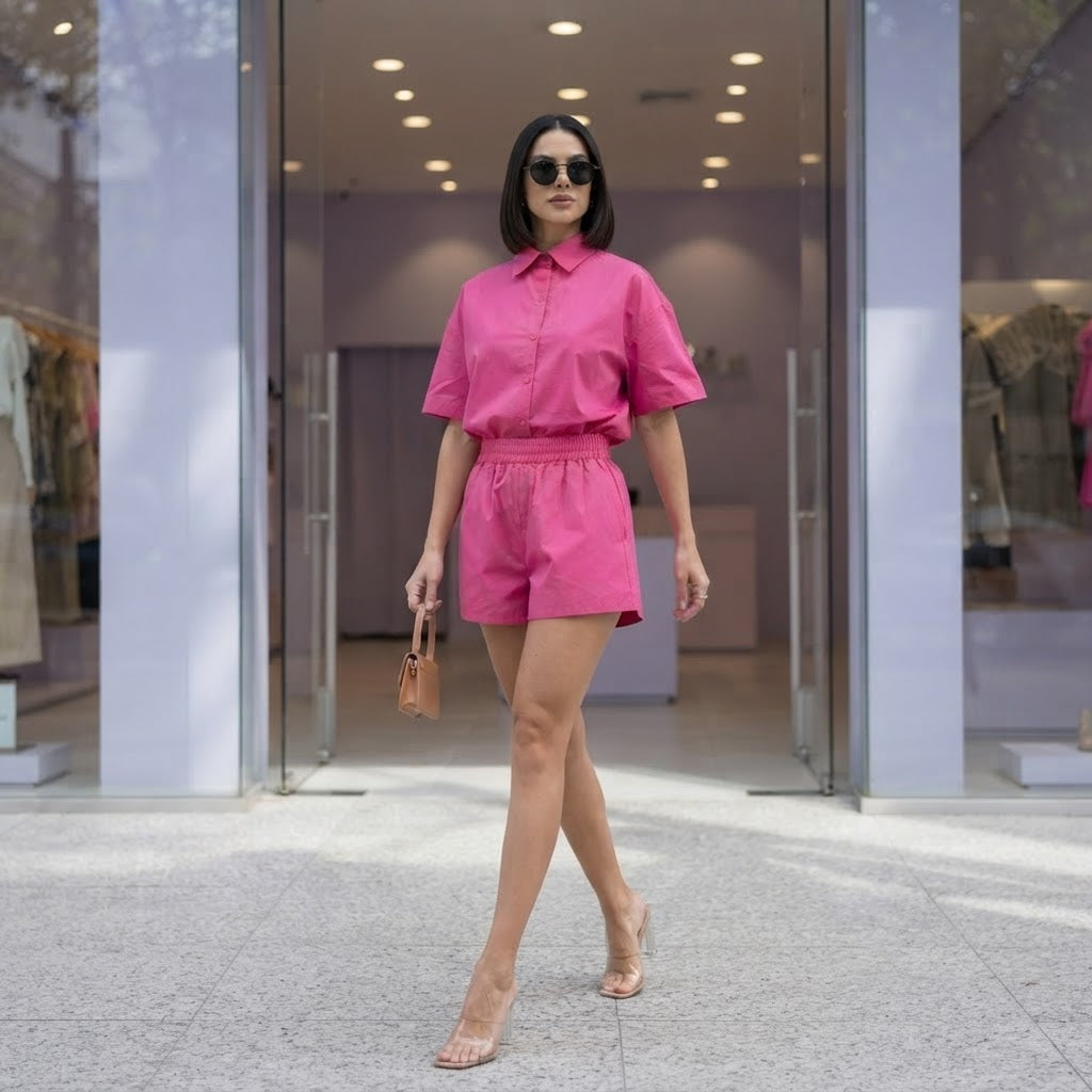 SHEIN Hot Pink Relaxed Shirt and Shorts Co-ord Set