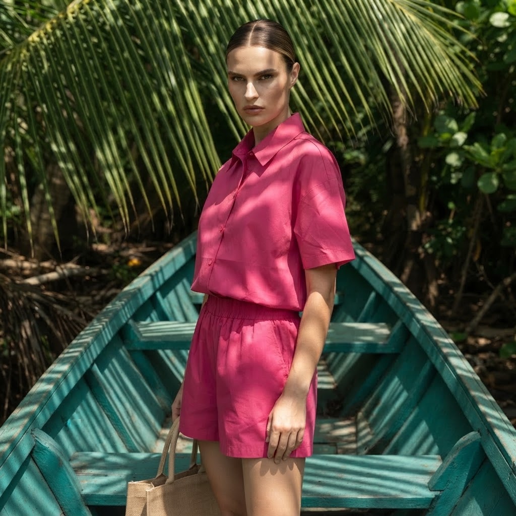 SHEIN Fuchsia Pink Relaxed Short Sleeve Shirt & Shorts Co-or