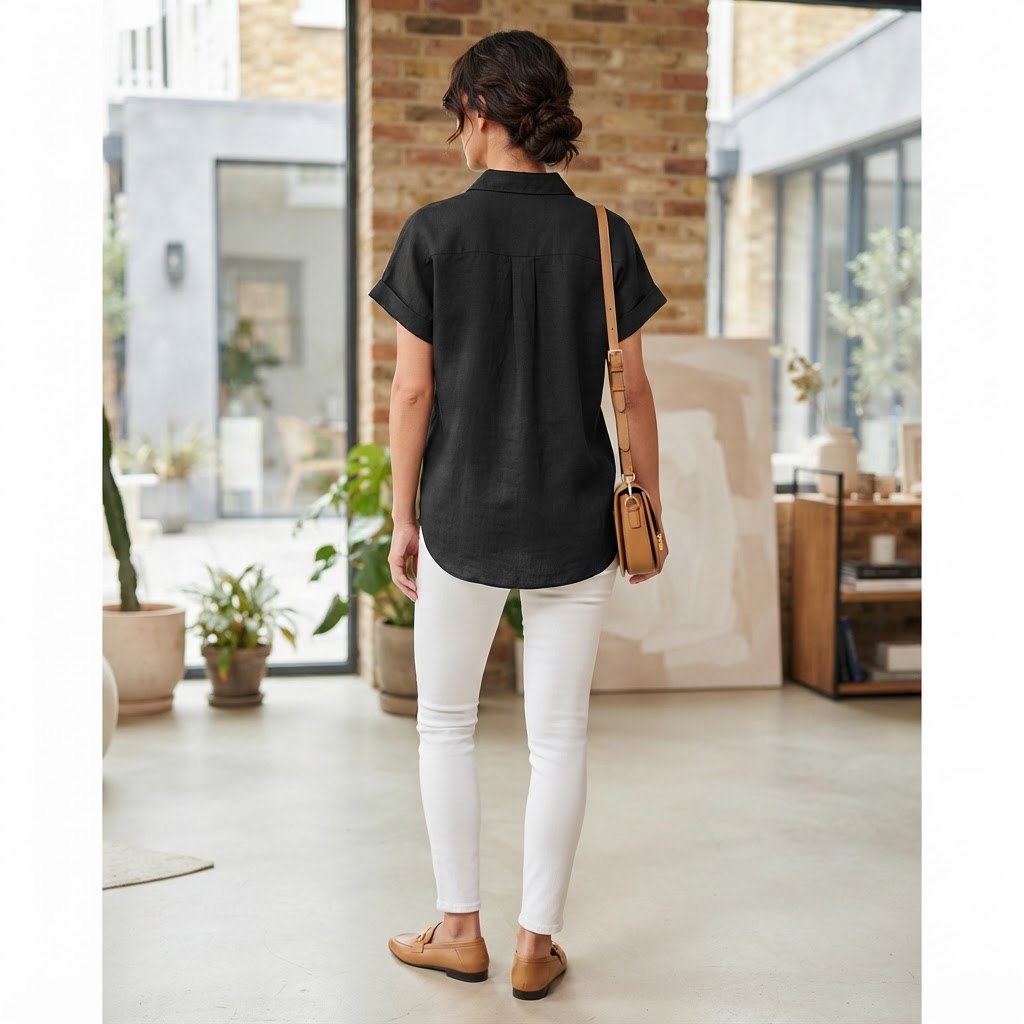 Women's Black Short-Sleeved Relaxed Linen Shirt