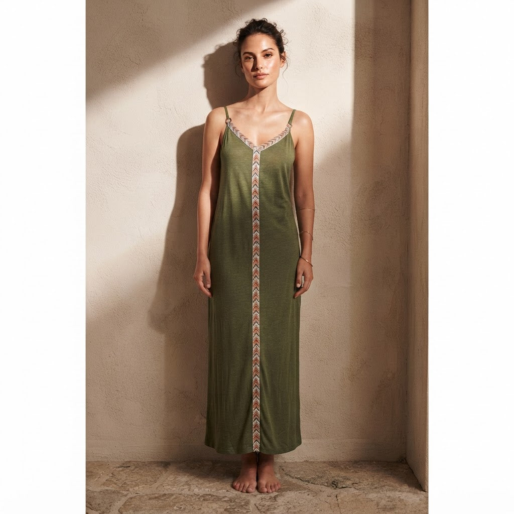 EMERY ROSE Olive Green Maxi Cami Dress with Chevron Trim