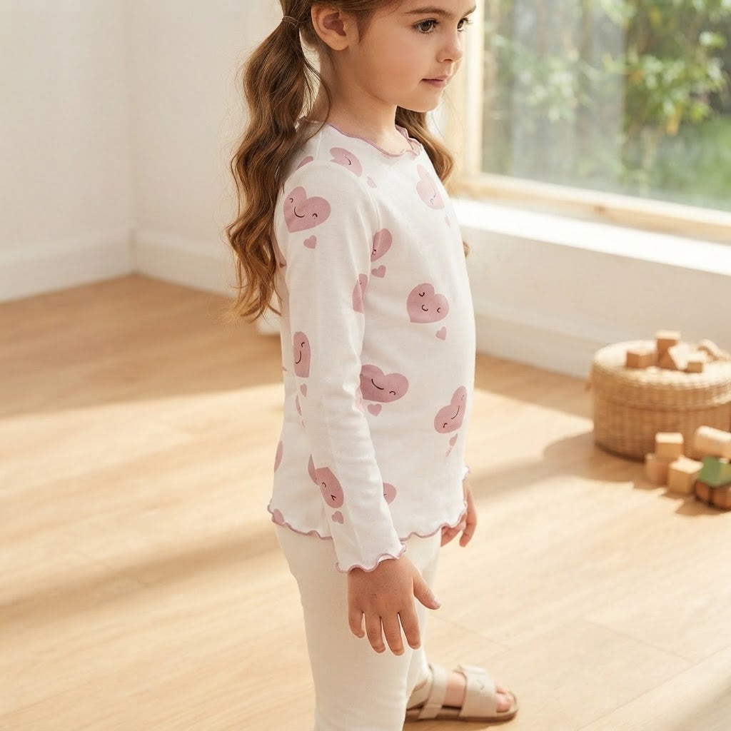 SHEIN White & Pink Heart Print Long-Sleeve Lettuce-Edge Top