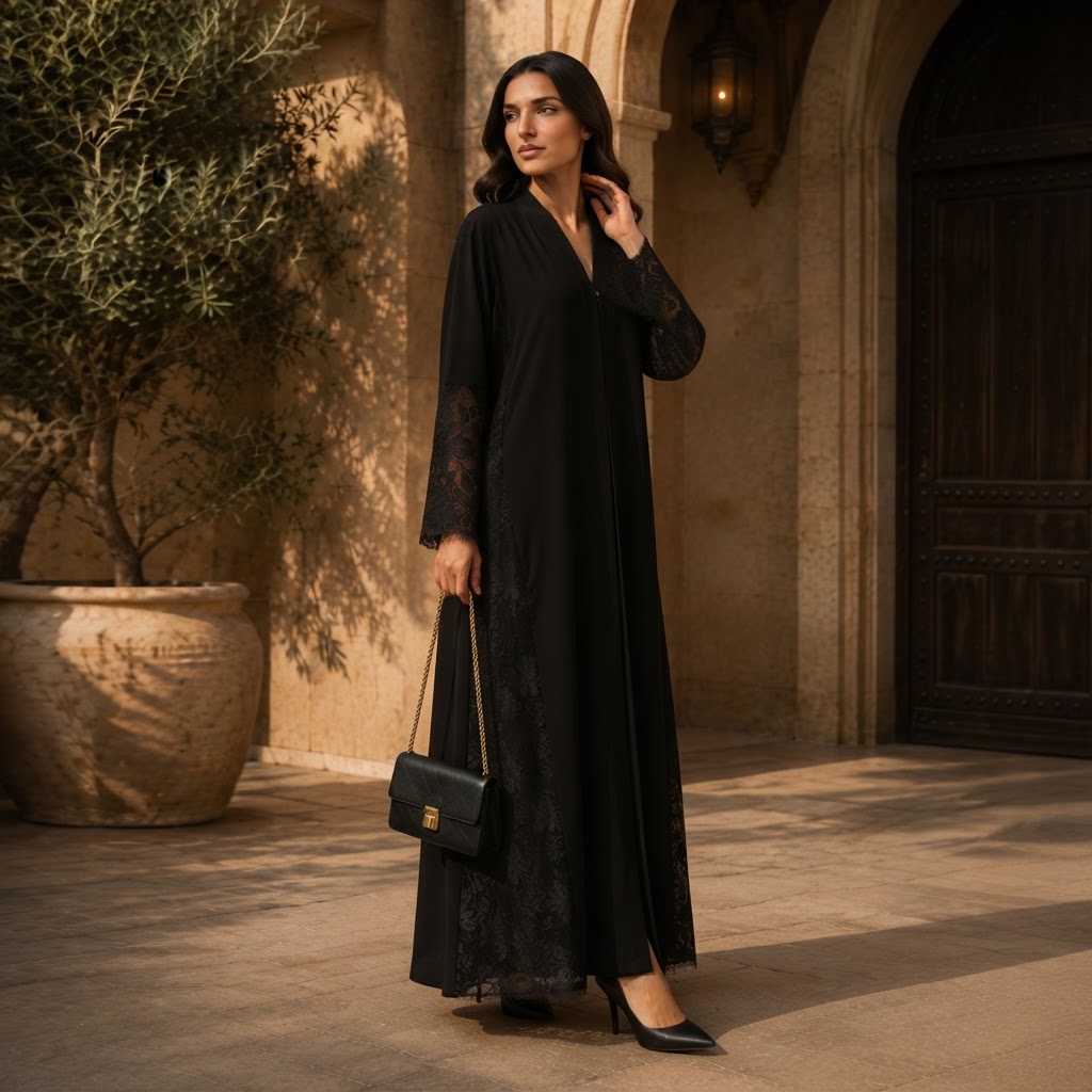 Black Open-Front Abaya with Floral Lace Cuffs and