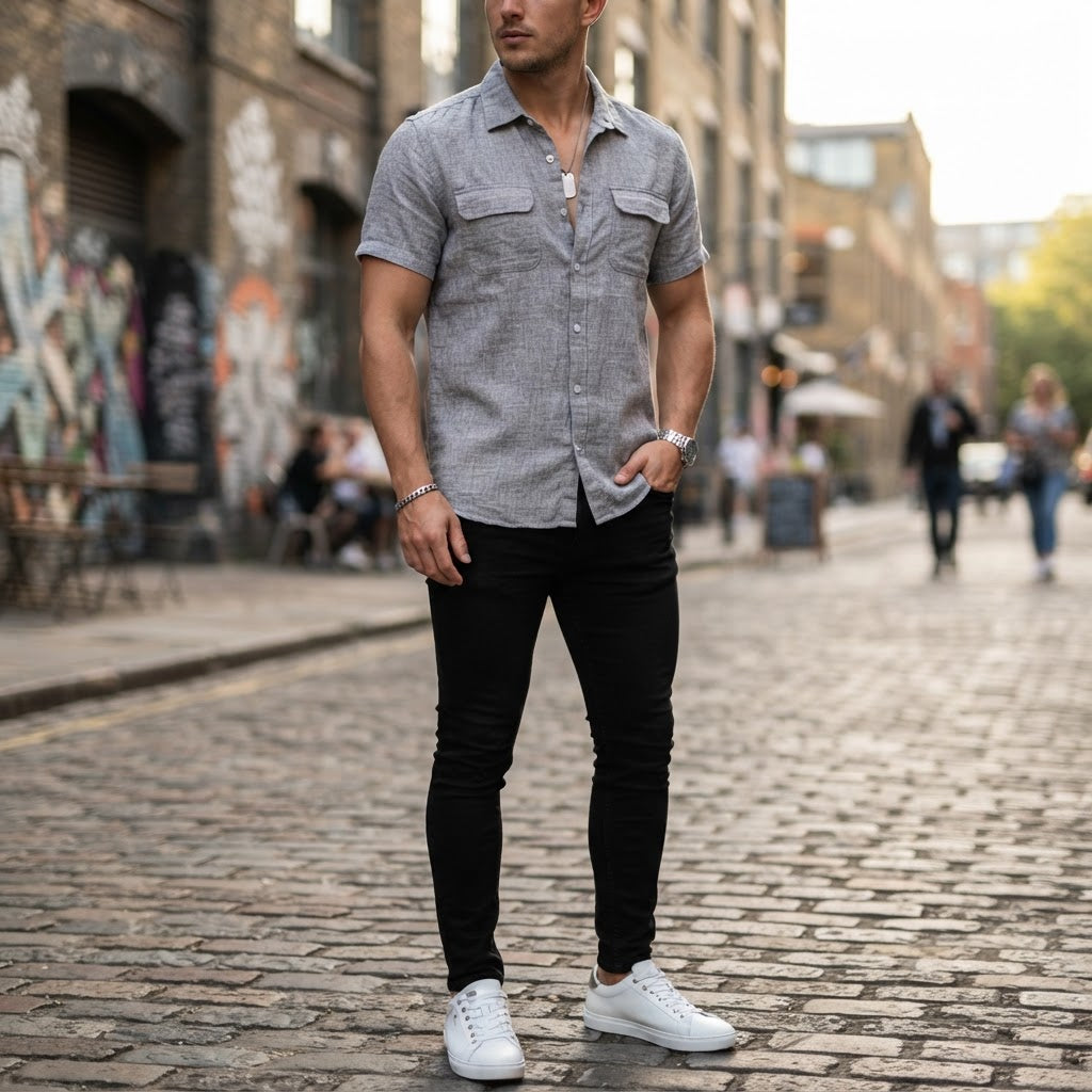 COLIN'S Men's Grey Melange Short Sleeve Button-Down Shirt