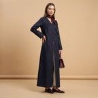 Women's Navy Floral Jacquard V-Neck Floor-Length Abaya
