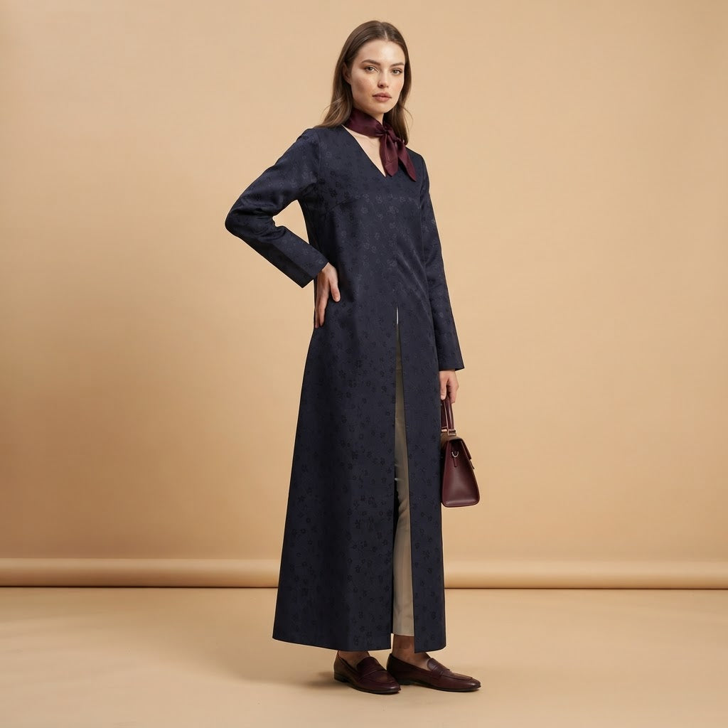 Women's Navy Floral Jacquard V-Neck Floor-Length Abaya