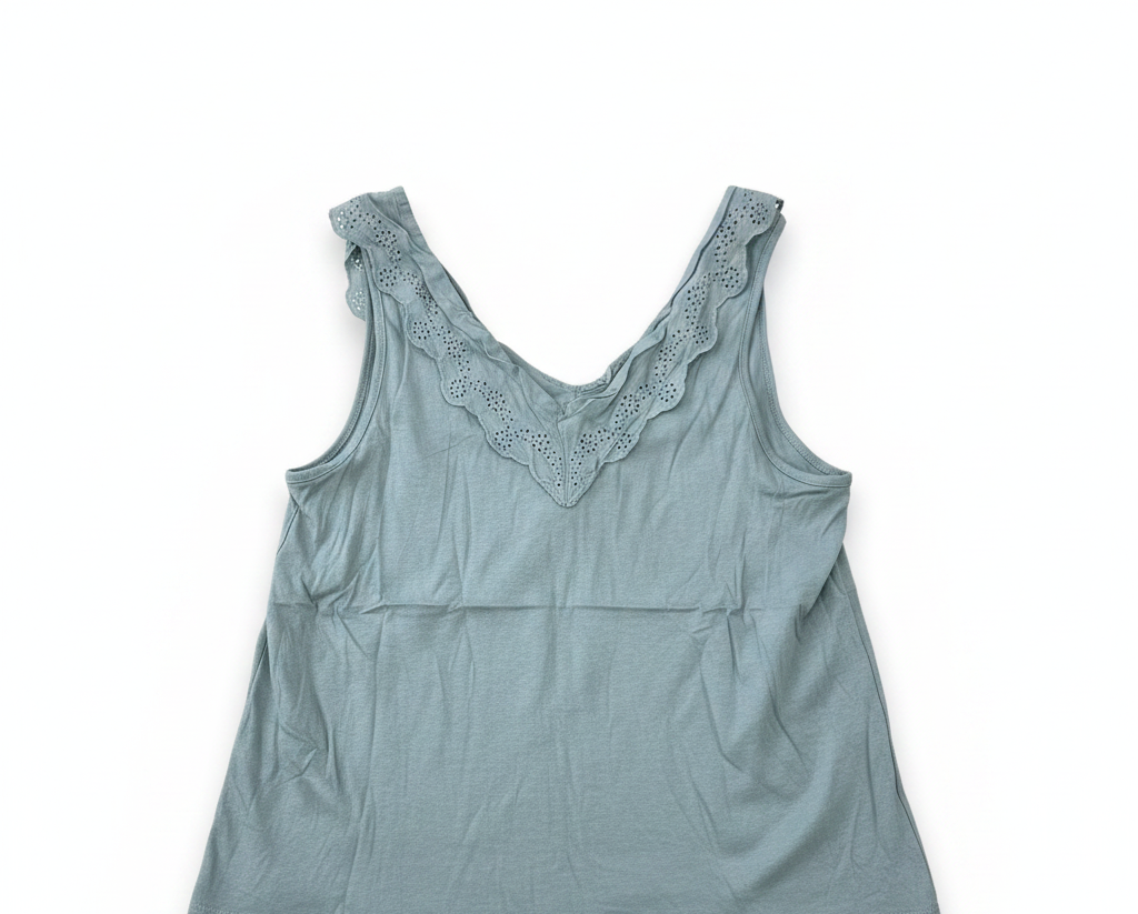 Women's Sage Green Eyelet Trim Sleeveless Tank Top