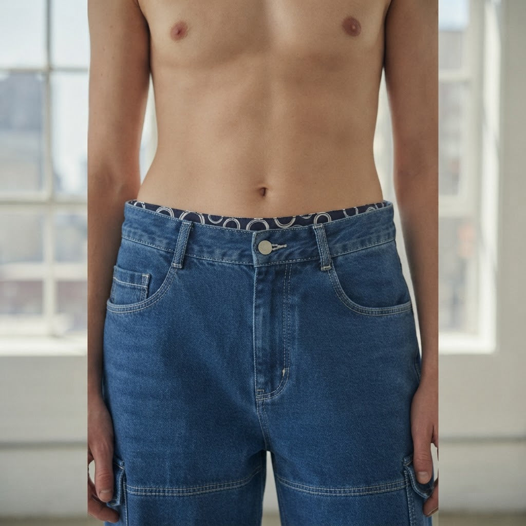 off-white Medium Blue Wide Leg Cargo Denim Jeans with Contra