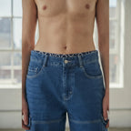 off-white Medium Blue Wide Leg Cargo Denim Jeans with Contra