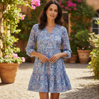 Dressbarn Women's Blue Floral Tiered V-Neck Midi Dress