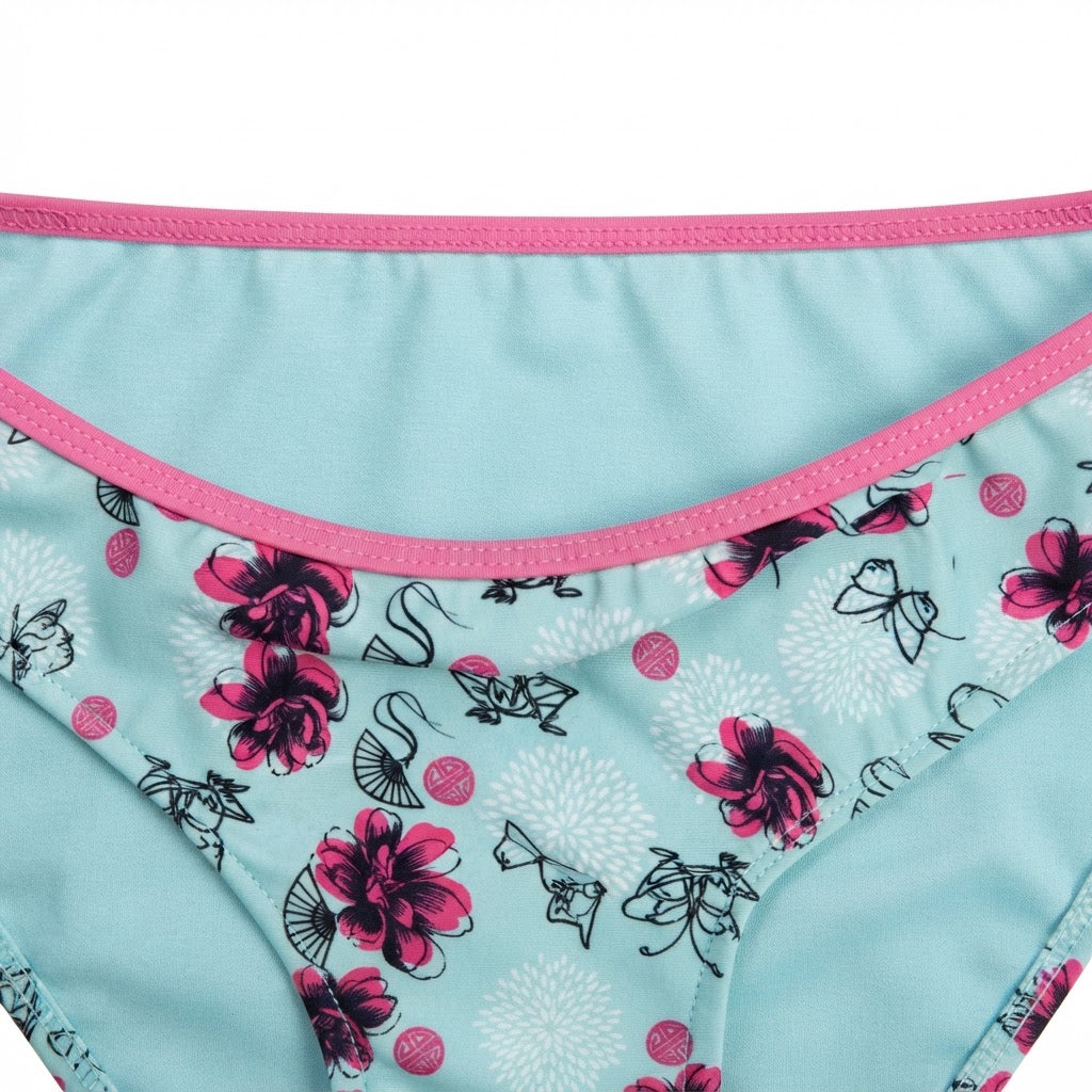Women's Light Blue Bikini Bottoms with Mushu Print
