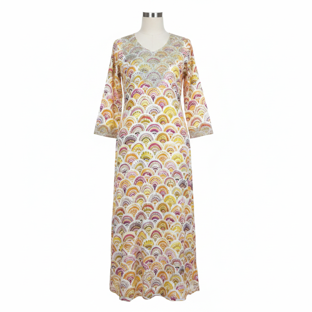 Women's Embellished Scallop Print Long Sleeve Kaftan Dress