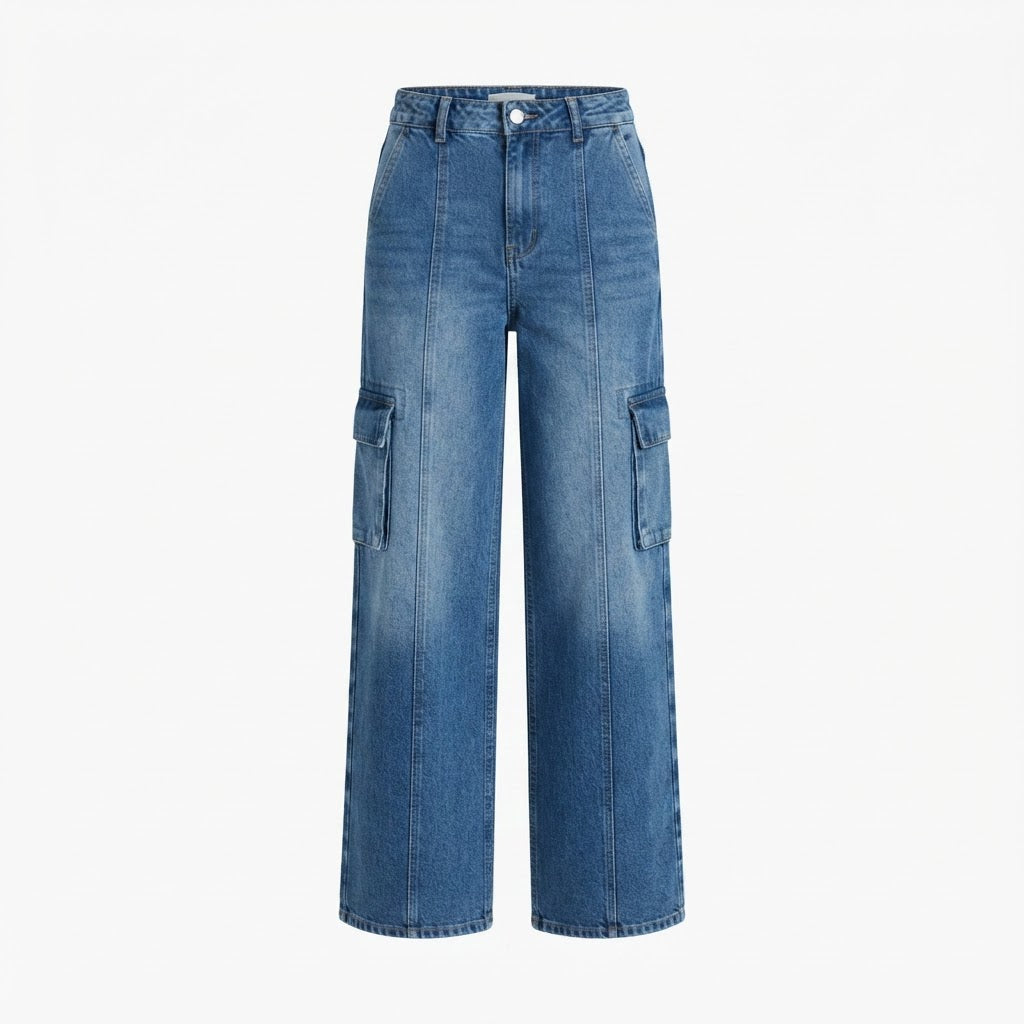 Splash Splash Medium Blue Wide-Leg Cargo Jeans with Front Se