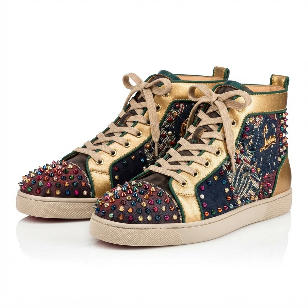 Christian Louboutin Luxury Studded Patchwork High-Top Sneake