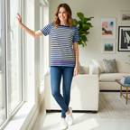 Marcs Women's Striped Cotton Boat Neck T-Shirt - Blue XXS