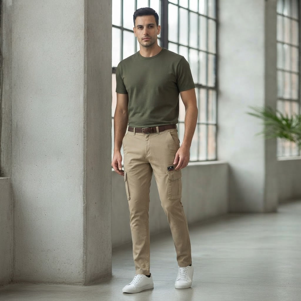 FINE ROSE Khaki Slim-Tapered Multi-Pocket Cargo Trousers
