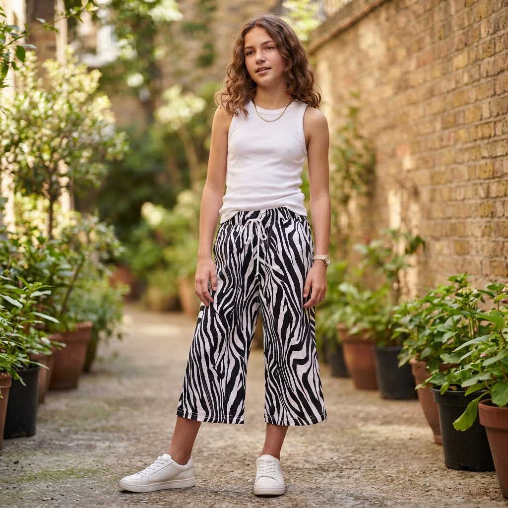 Black and White Zebra Print Wide-Leg Cropped Trousers