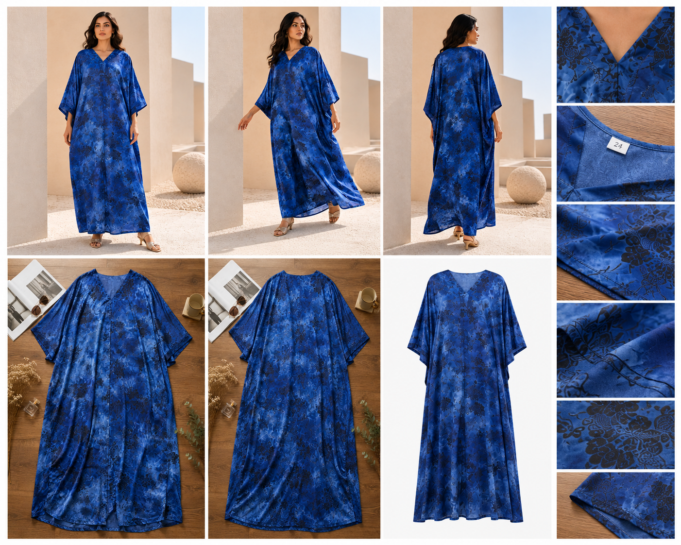 Women's Blue Floral Marbled Satin Ankle-Length Kaftan