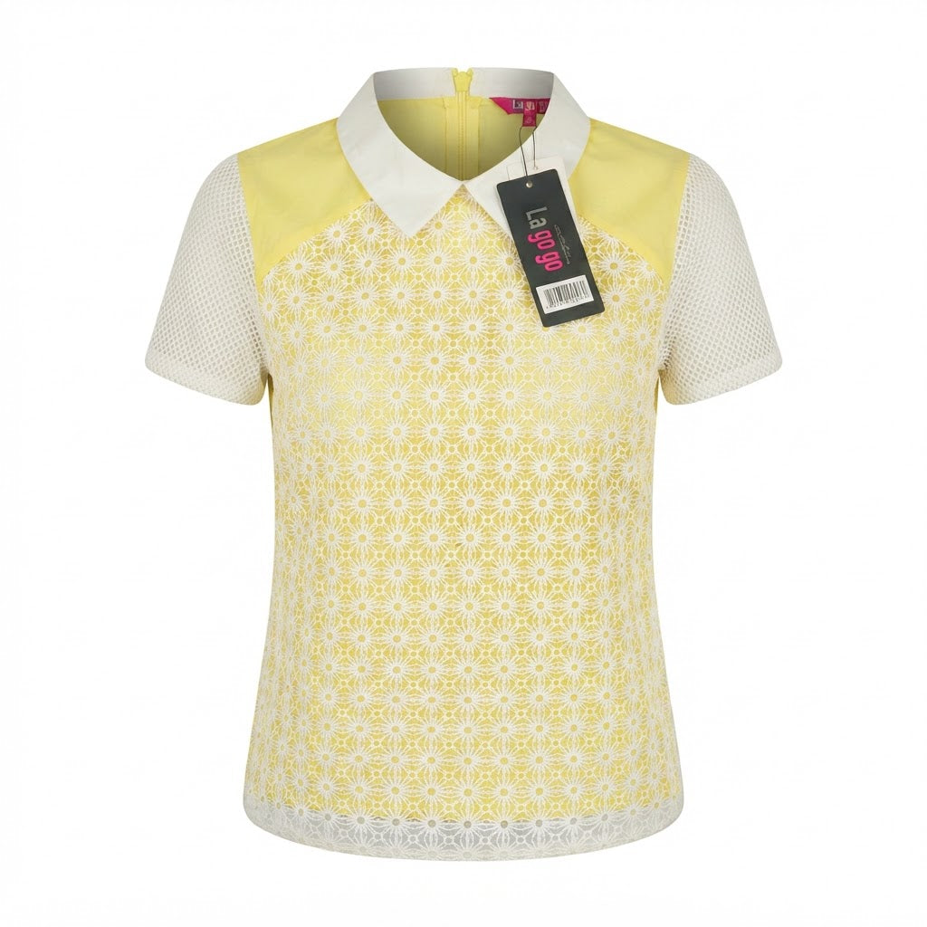 Women's Yellow and White Floral Lace Collar Blouse