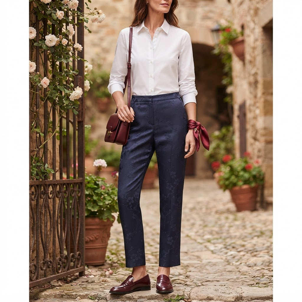 Women's Navy Floral Jacquard High-Waist Tailonavy blue Trousers