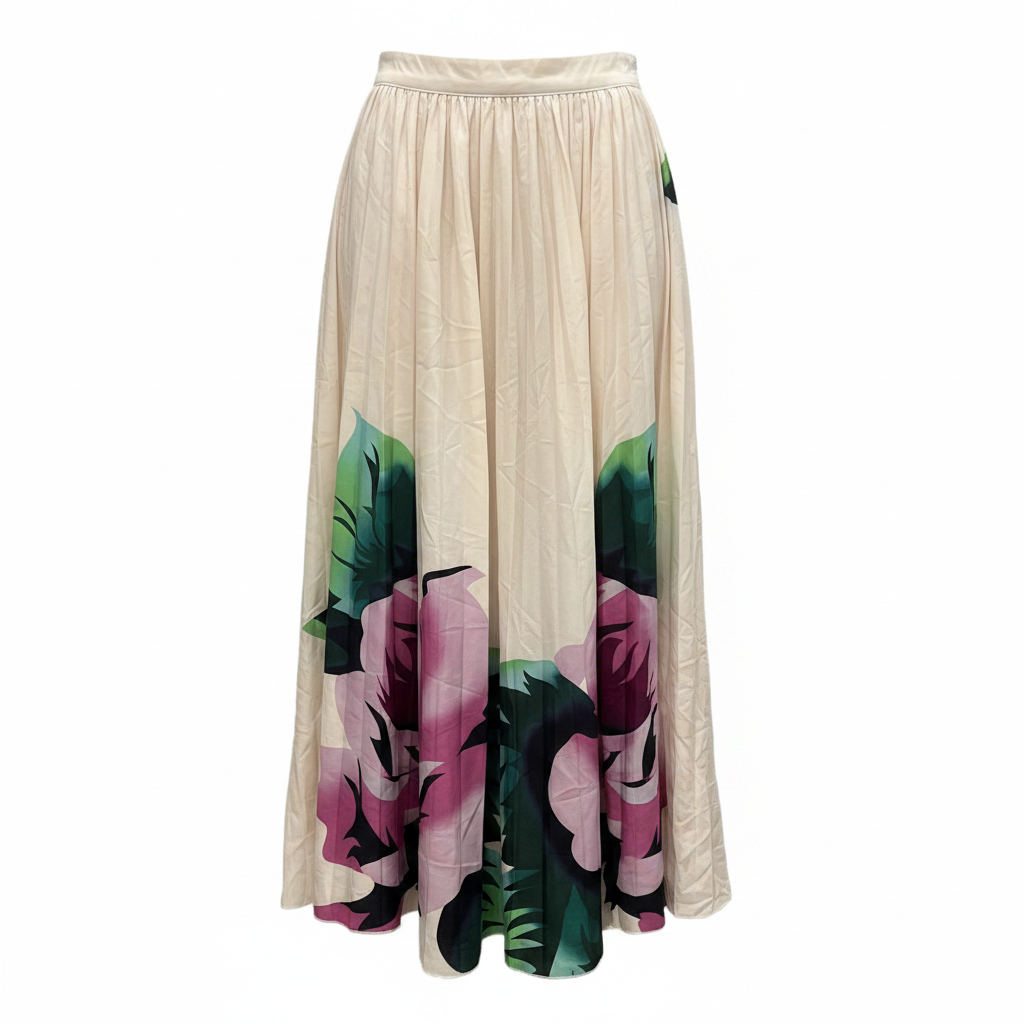 Ain Women's Cream and Pink Floral Pleated Midi Skirt