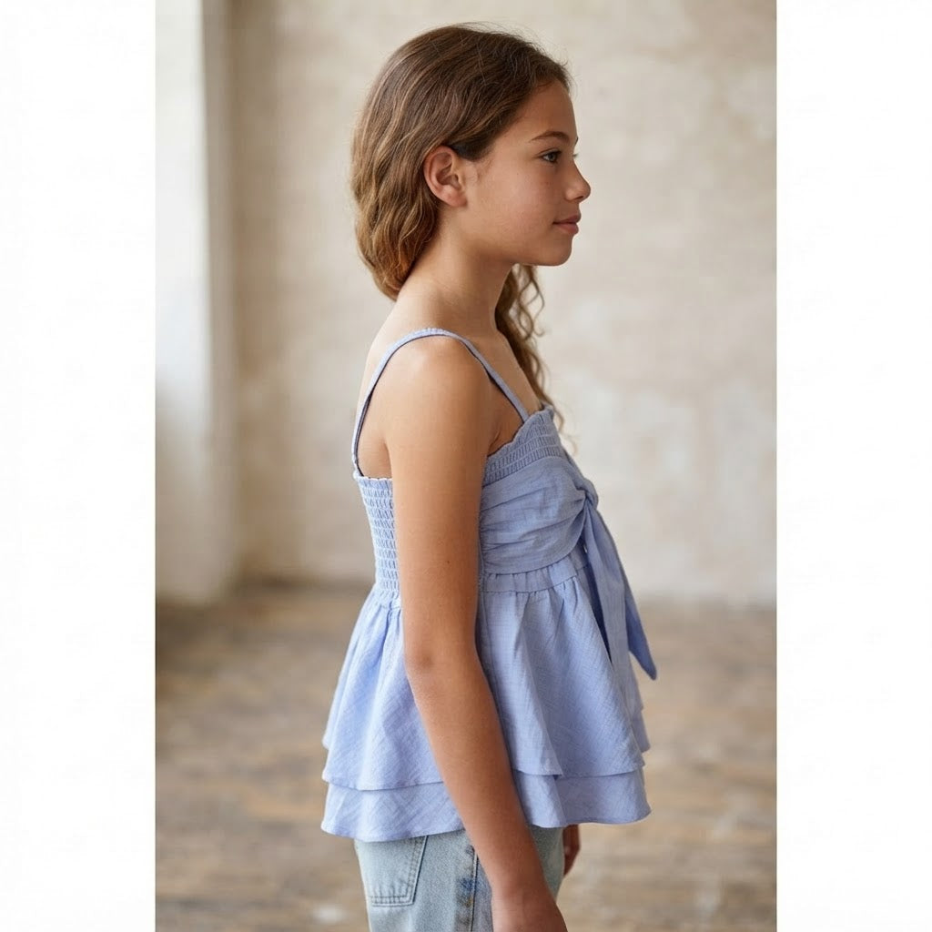 SHEIN Periwinkle Blue Smocked Ruffle Top with Front Bow