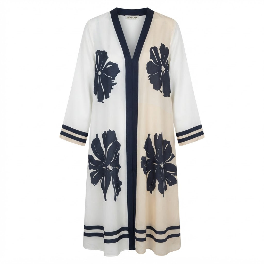 JOMANA White and Navy Floral Graphic Long Sleeve Tunic Dress