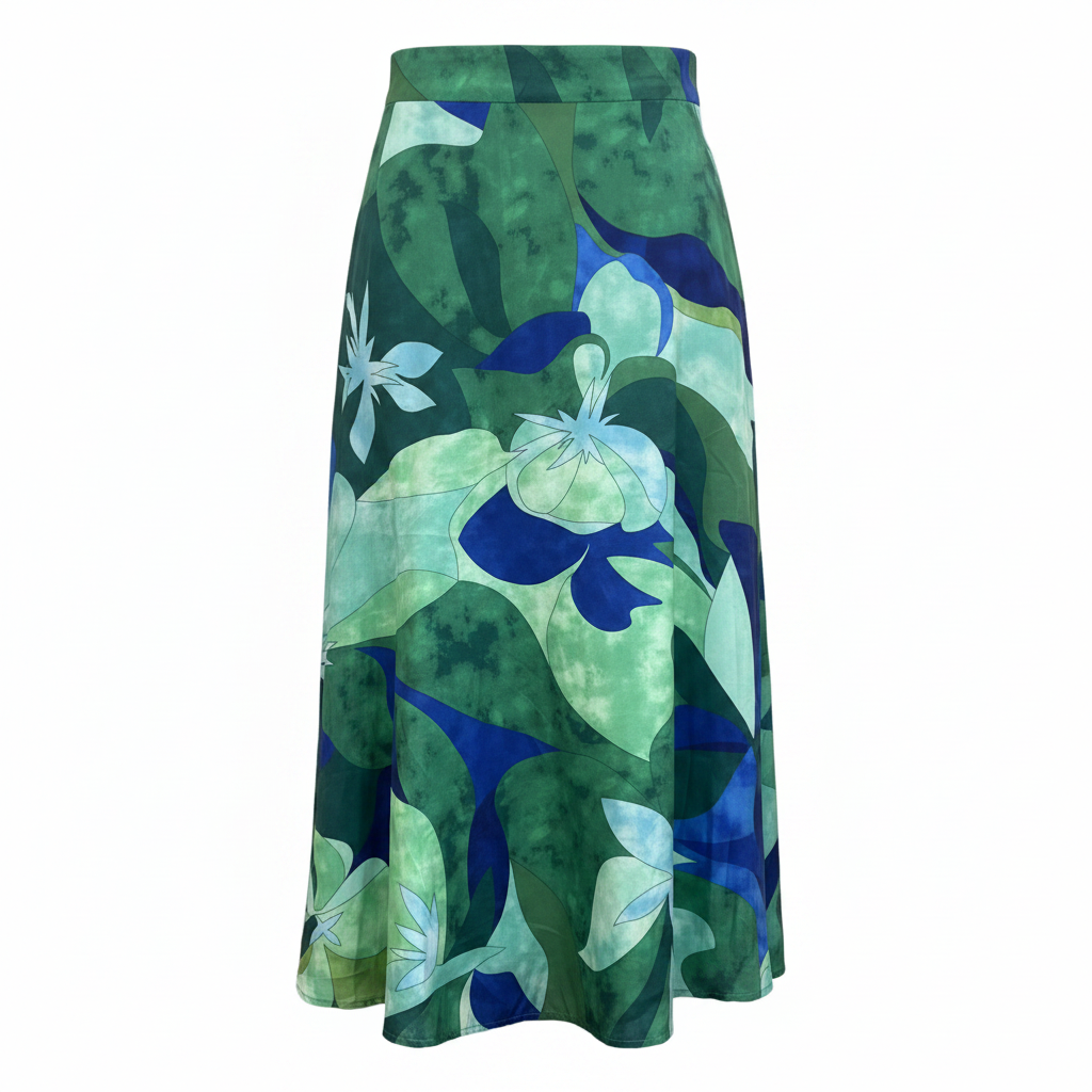 SHEIN Women's Green and Blue Tropical Floral A-Line Midi Ski