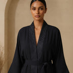 Deep Navy Black Open-Front Abaya with Jacquard Sash