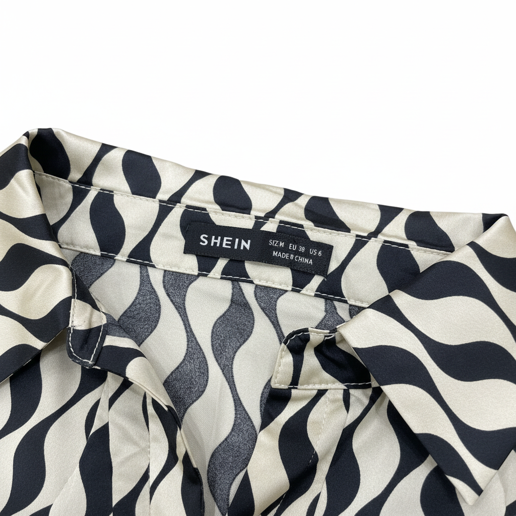 SHEIN Women's Black & Cream Wavy Print Satin Blouse