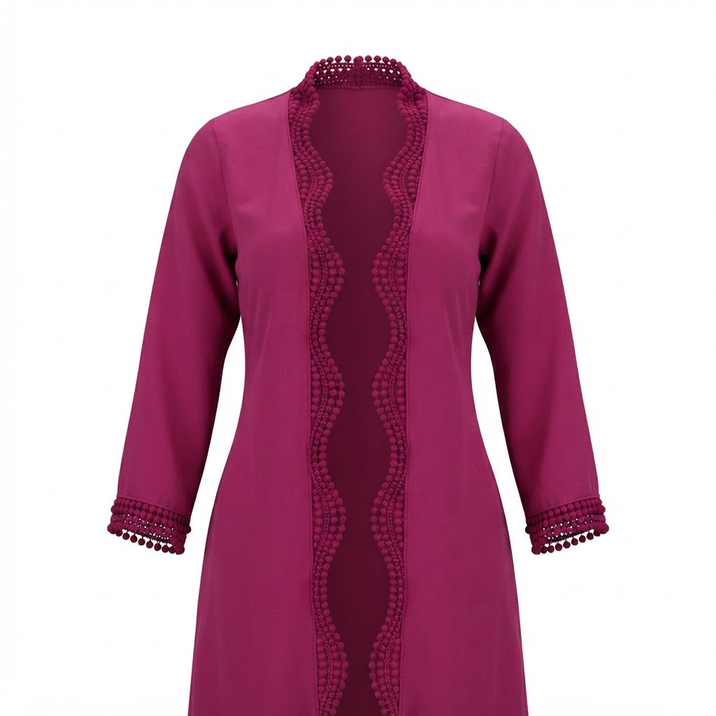 Women's Magenta Open Front Kimono Abaya  with Crochet Trim