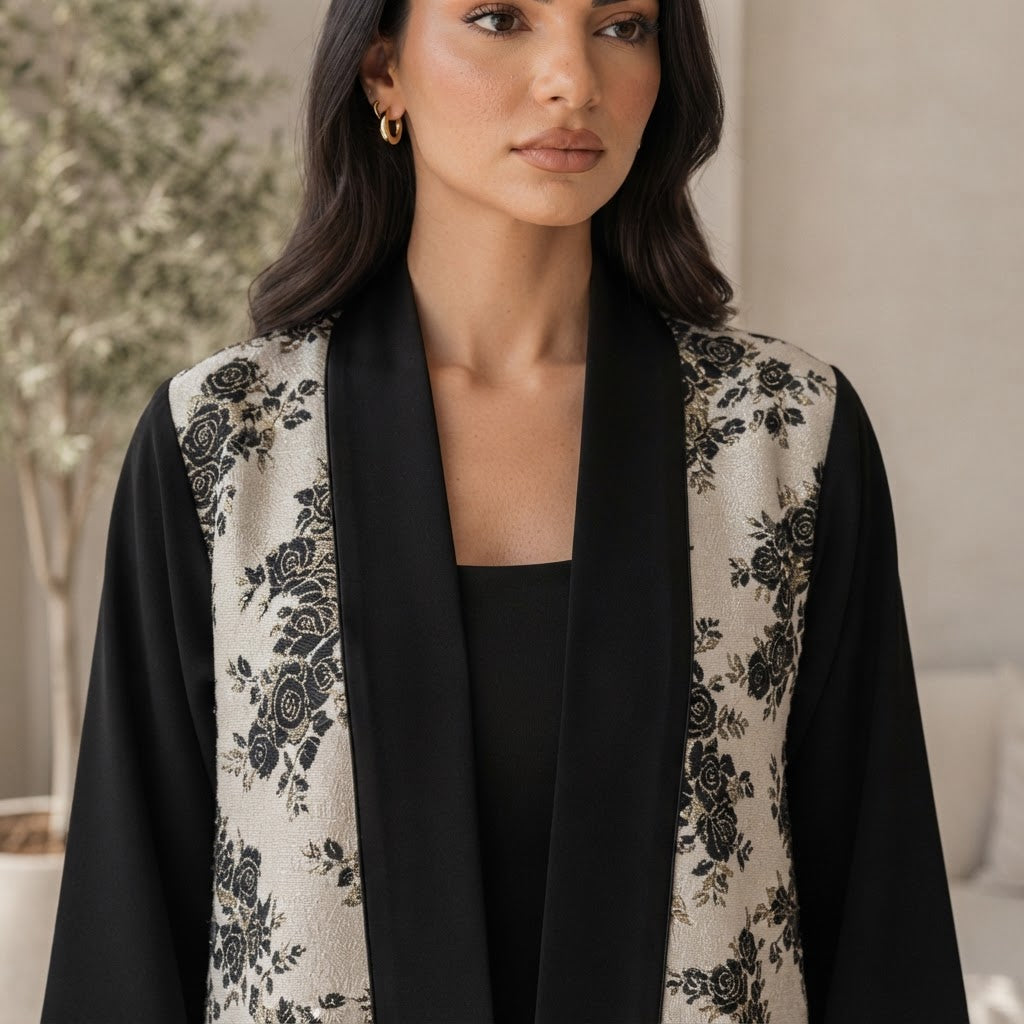 UNIQUE ABAYA Unique Abaya Black & Gold Floral Jacquard Open-