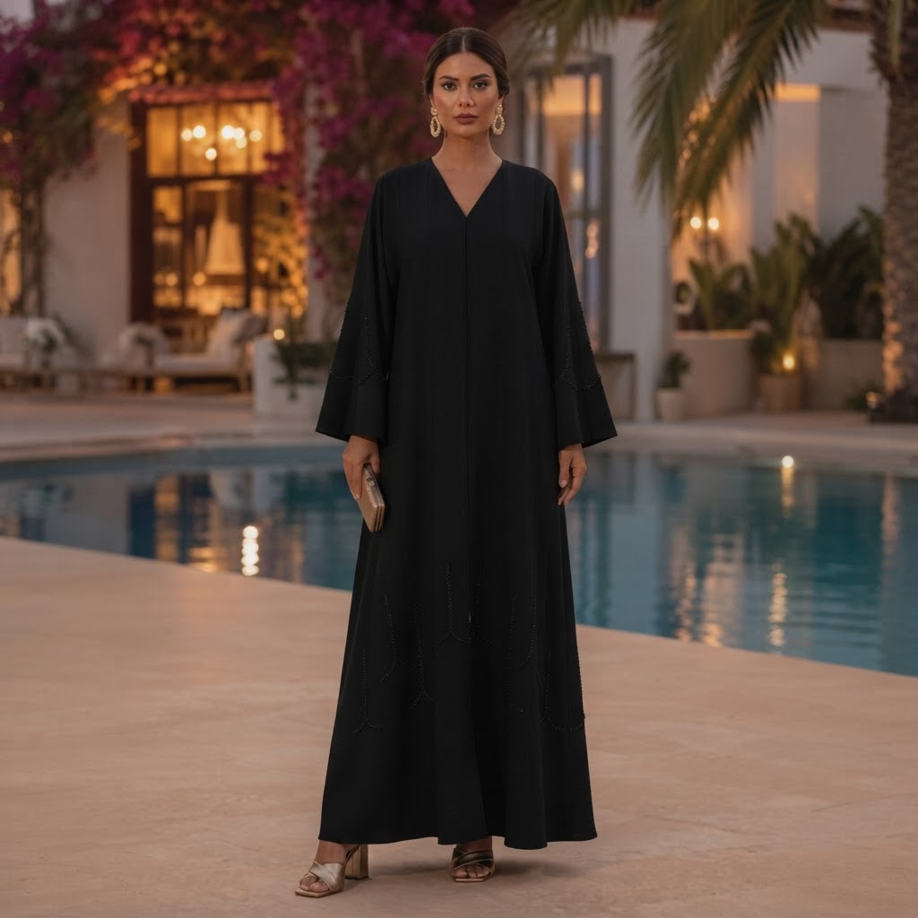 SHADER Deep Navy Black Crepe Abaya with Beaded Butterfly Cuf