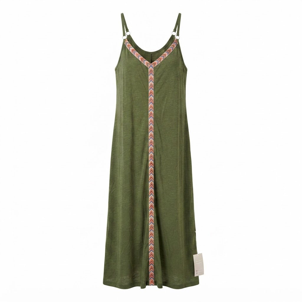 EMERY ROSE Olive Green Maxi Cami Dress with Chevron Trim