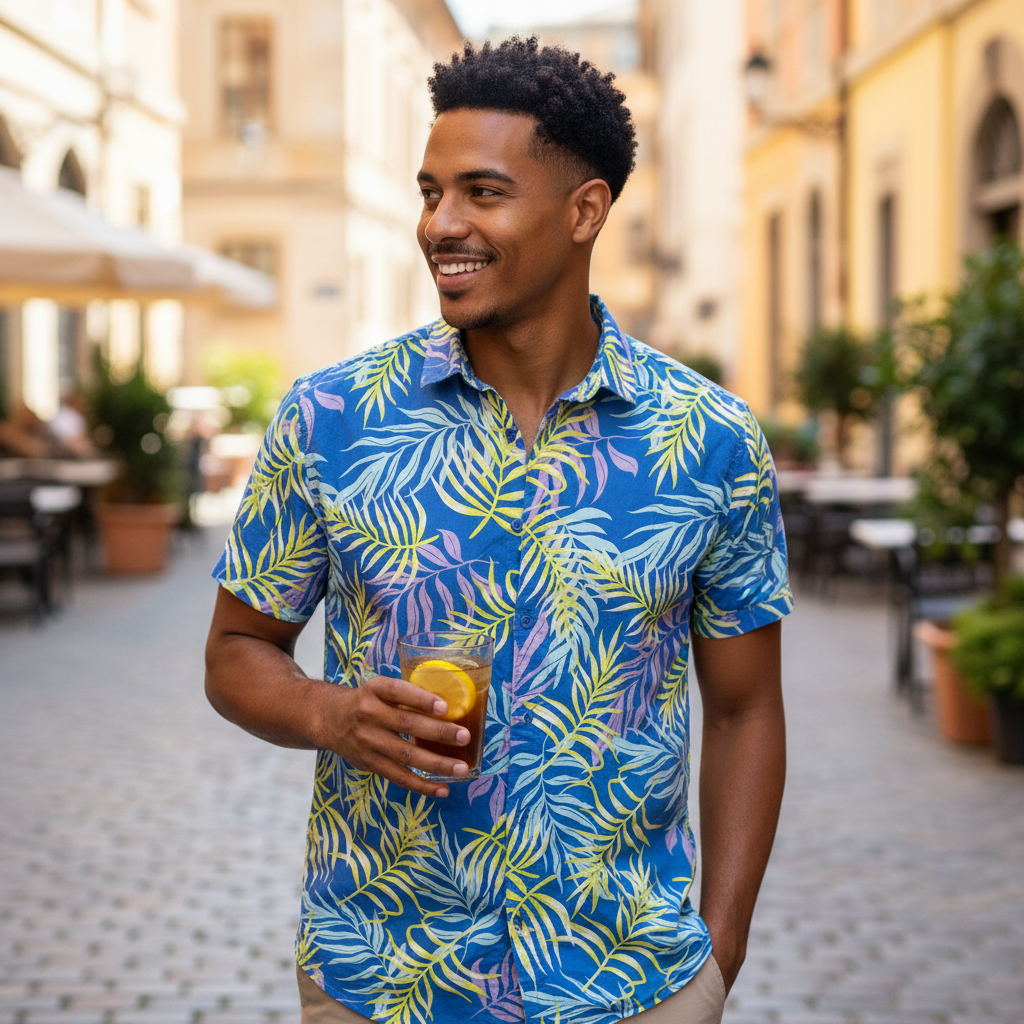 Primark Boys Blue Tropical Palm Leaf Short Sleeve Shirt