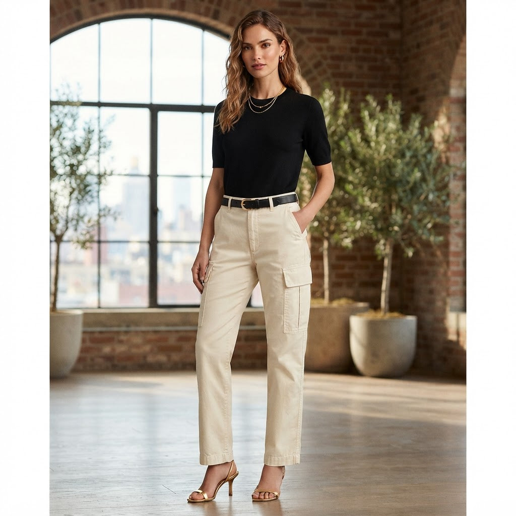 Women's Cream Cotton Cargo Trousers with Flap Pockets