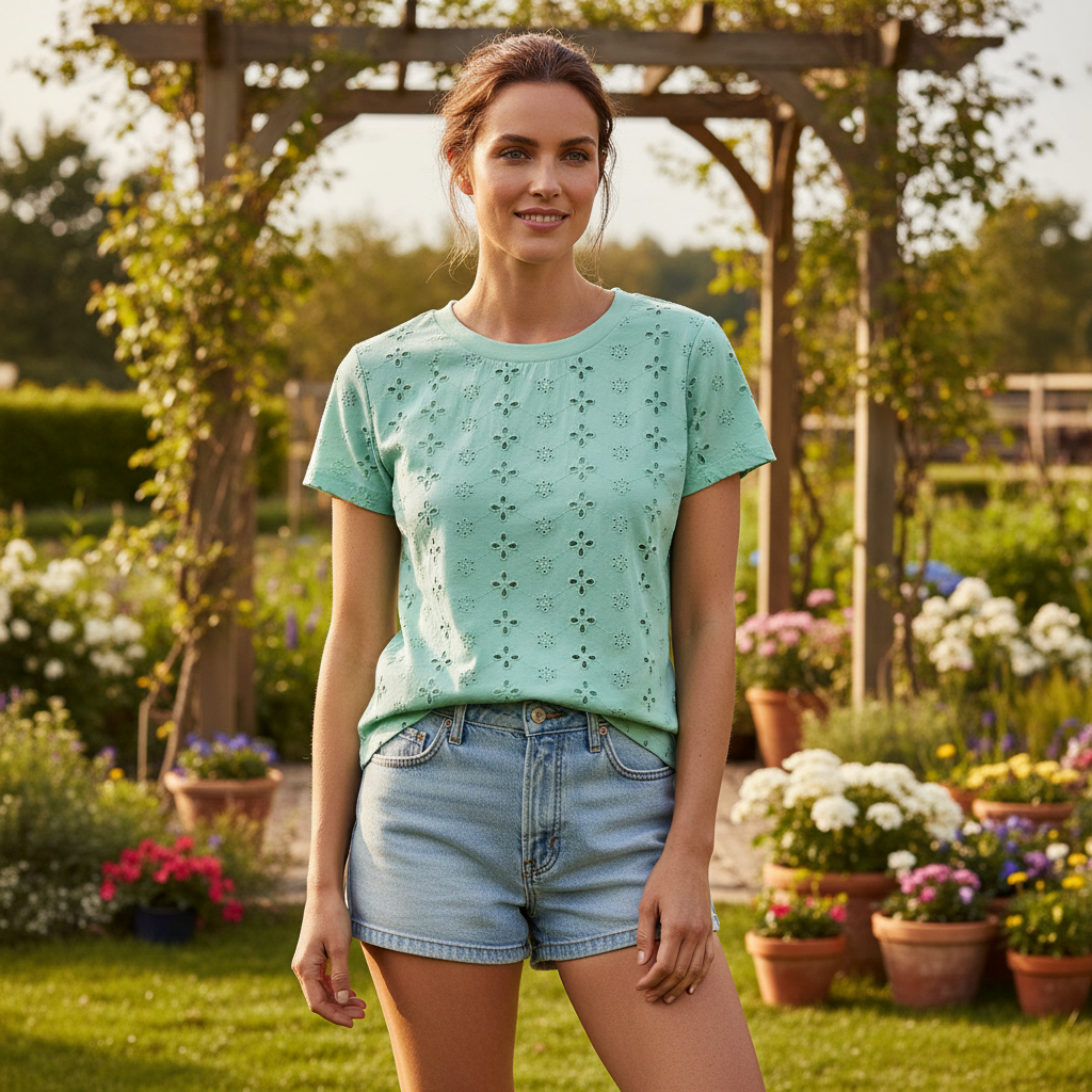 Women's Mint Green Eyelet Embroidery Cotton Top