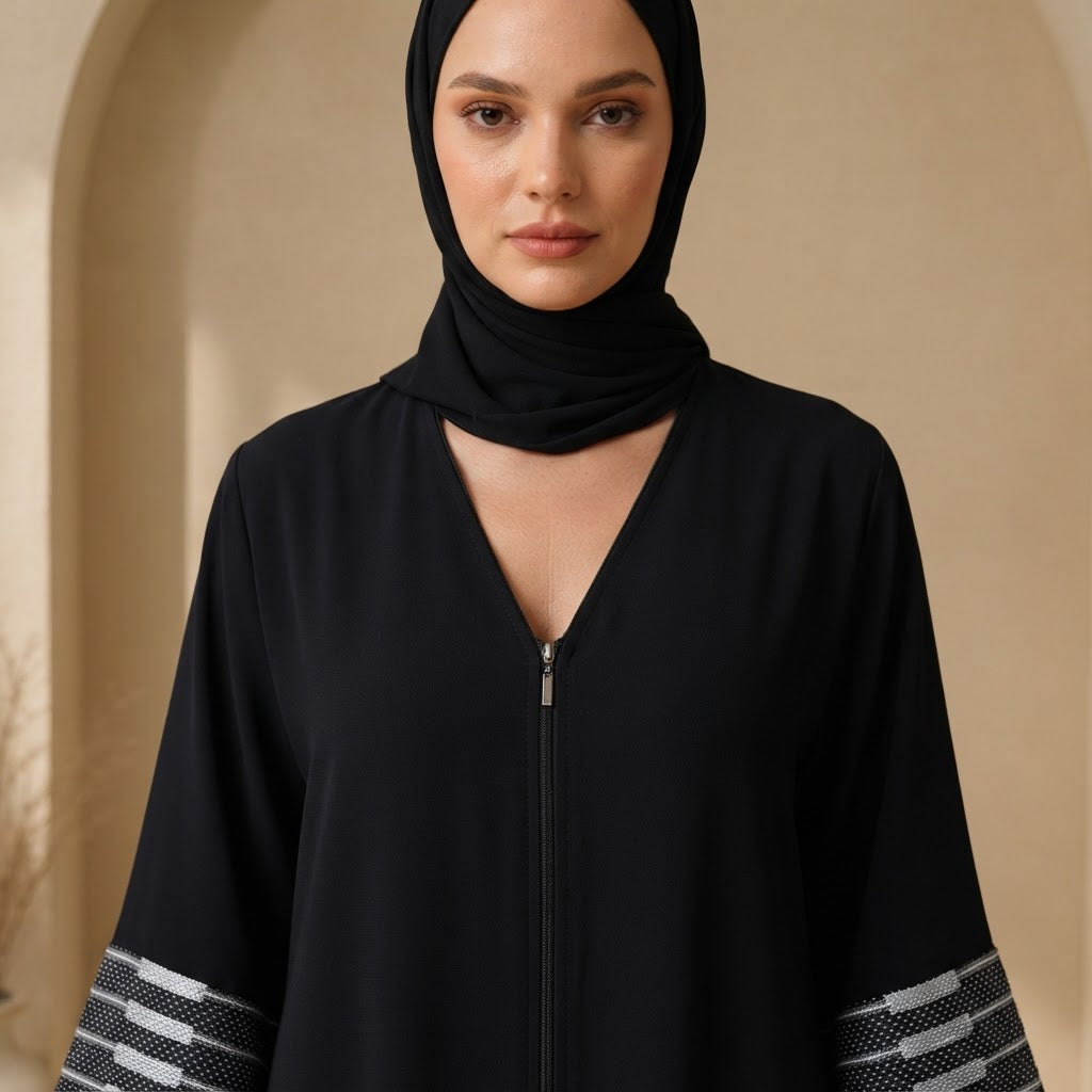 ASALA Deep Navy Zip-Front Abaya with Decorative Fringe Cuffs