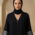 ASALA Deep Navy Zip-Front Abaya with Decorative Fringe Cuffs