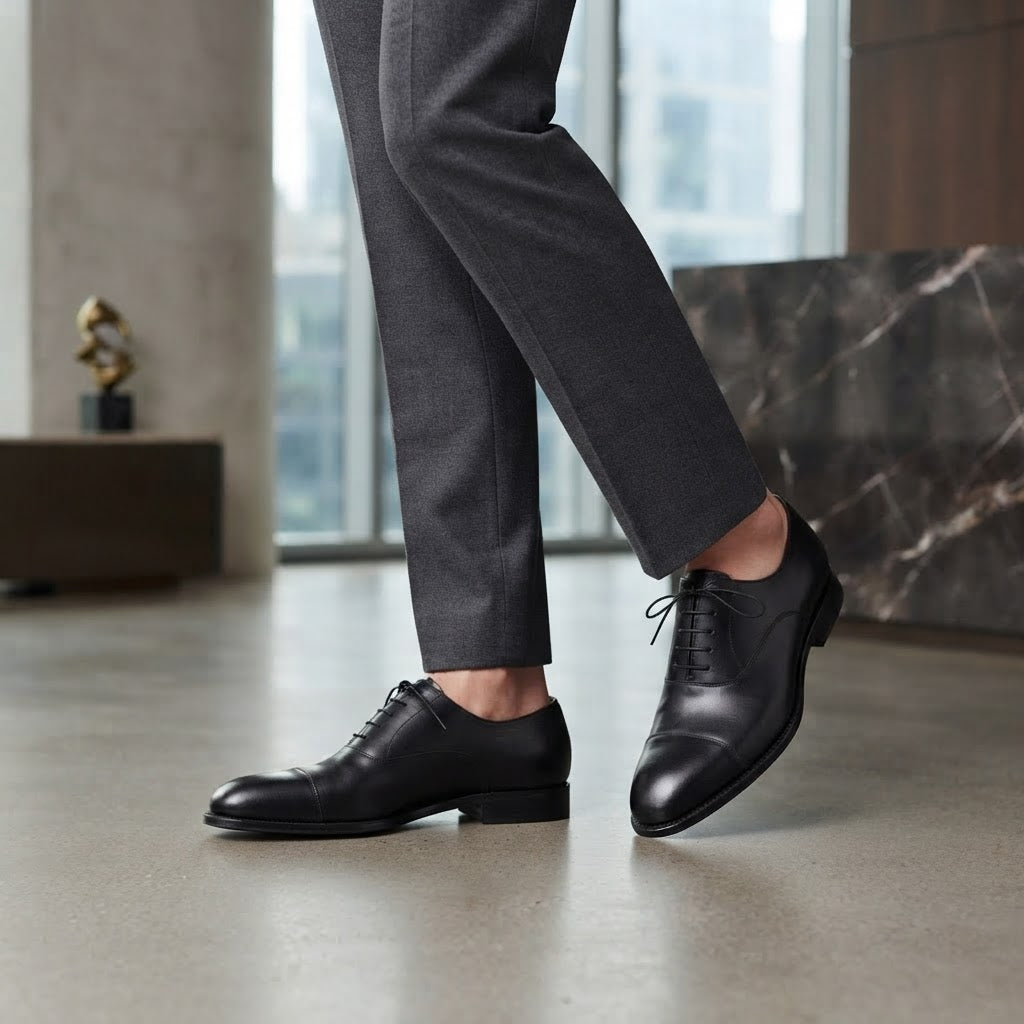 Men's Black Leather Cap-Toe Oxford Dress Shoes