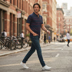 ANKO Navy Blue and Red Striped Men's Polo Shirt with Pocket