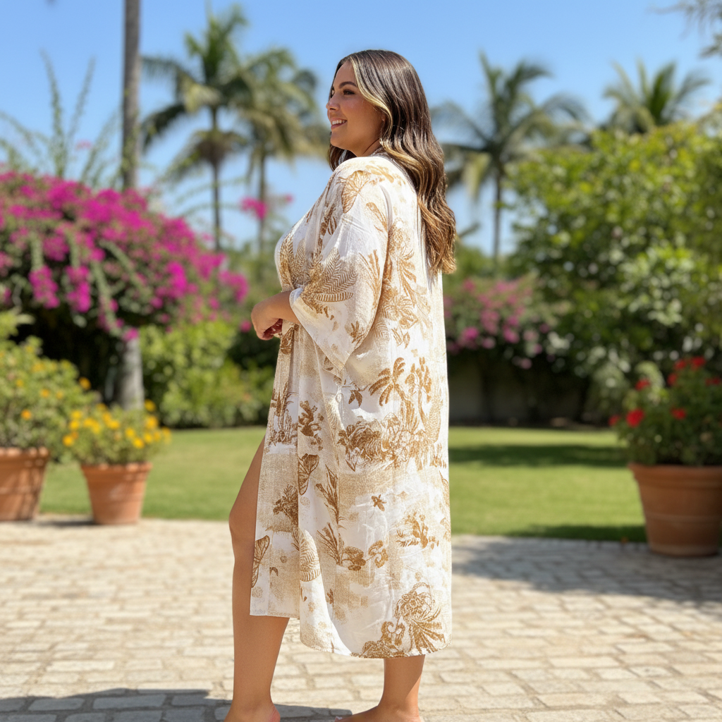 SHEIN CURVE Women's White & Brown Tropical Print Long Kimono