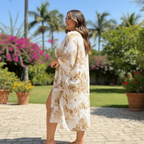 SHEIN CURVE Women's White & Brown Tropical Print Long Kimono