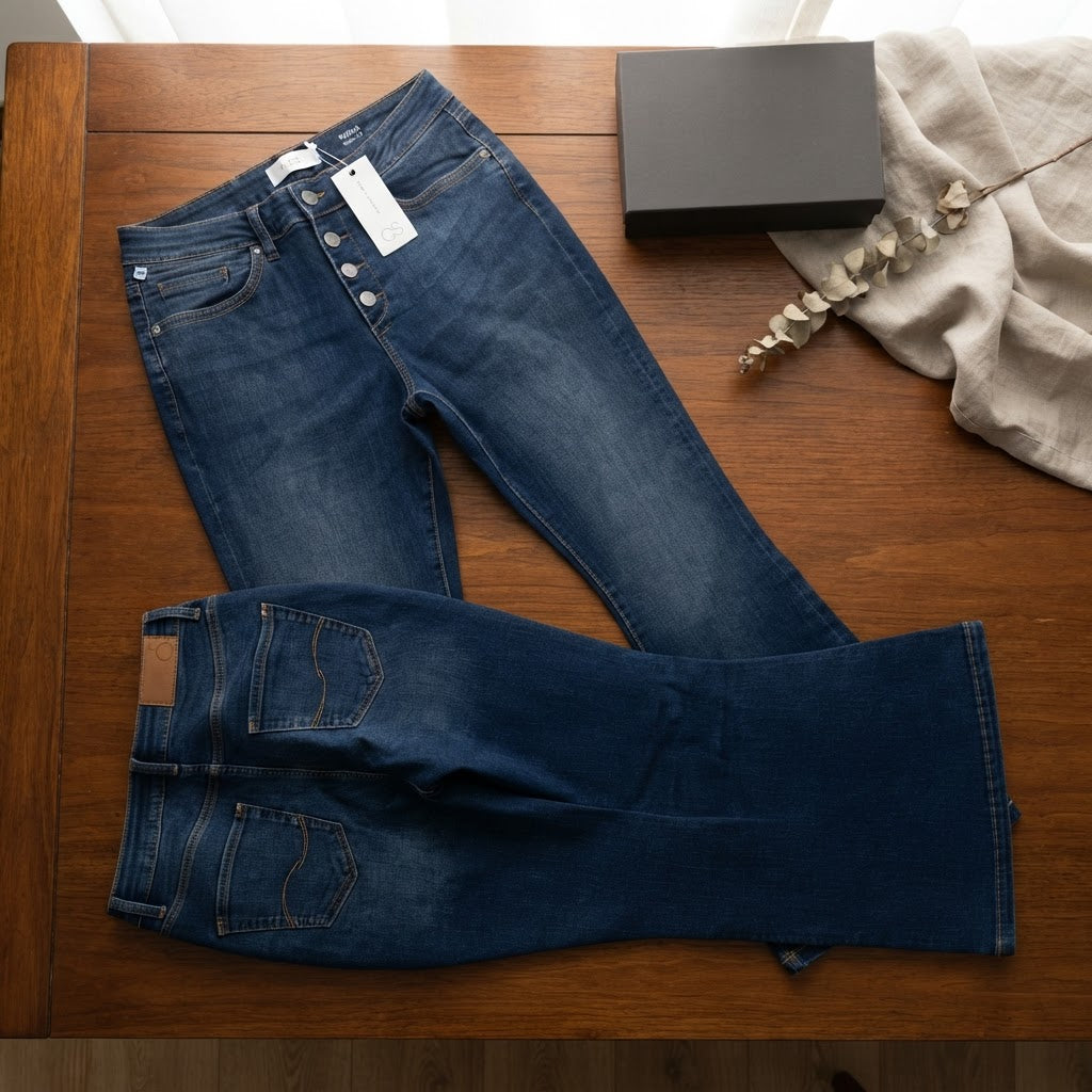 QS QS Dark Indigo Flared Denim Jeans with Button Fly