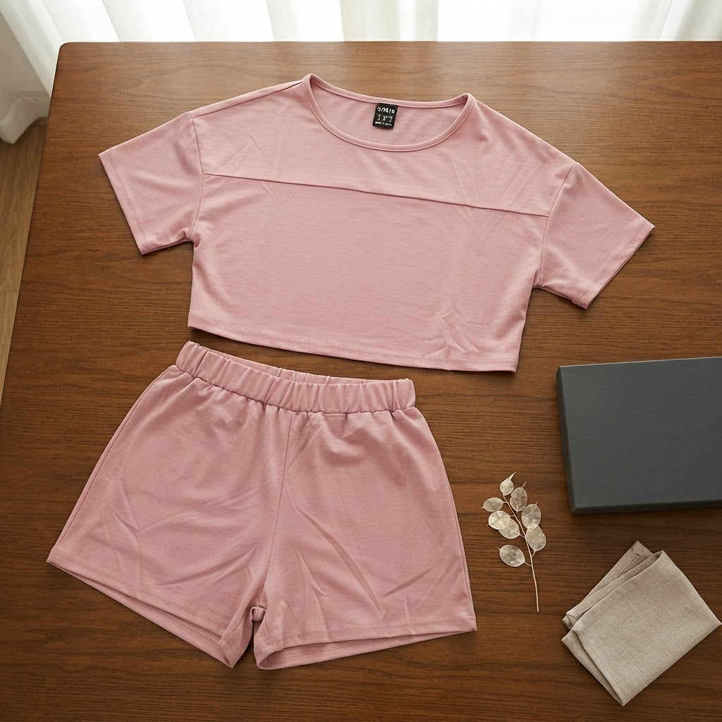 SHEIN Dusty Rose Boxy Crop Top and Ruched Shorts Co-ord Set