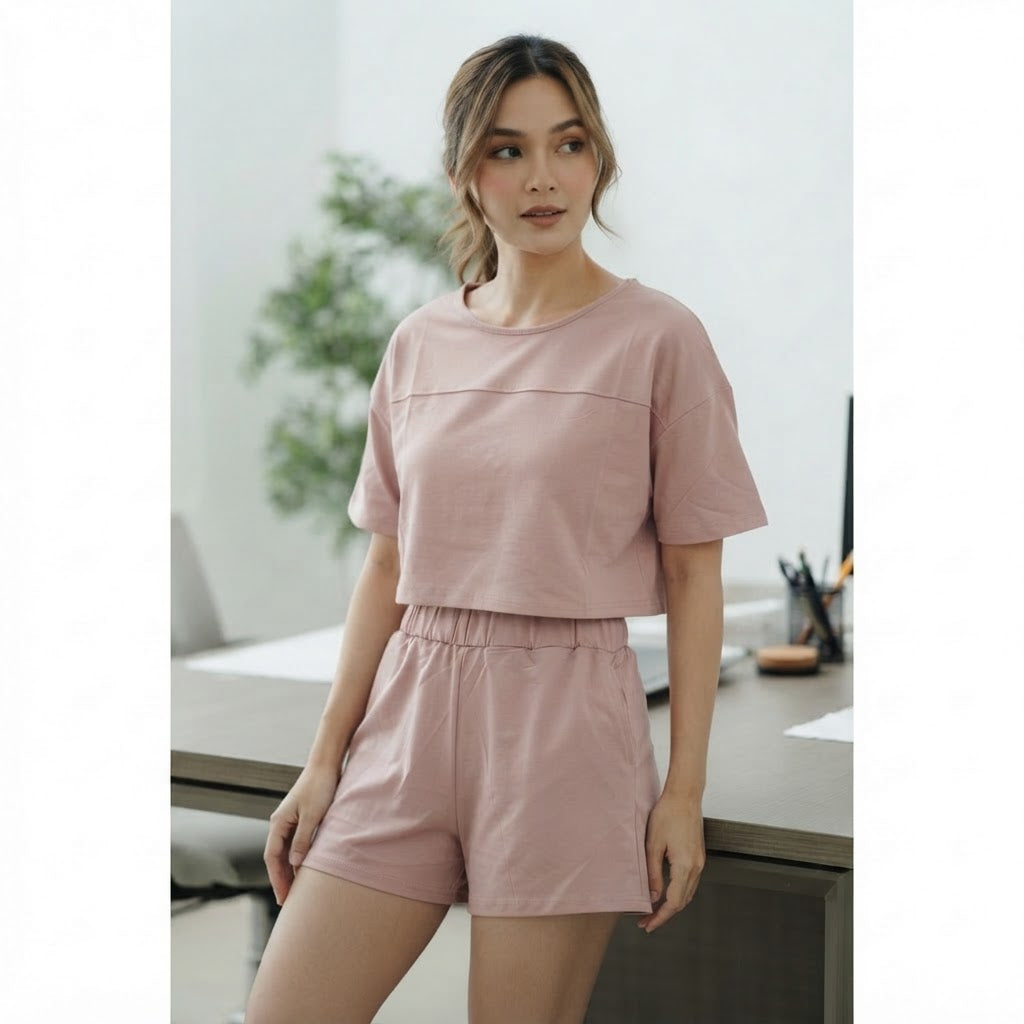 SHEIN Dusty Rose Boxy Crop Top and Ruched Shorts Co-ord Set